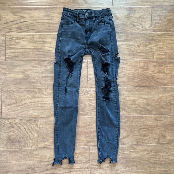 American Eagle Jeans Women's Size 00 Black Hi-Rise Jegging Skinny Distressed - Picture 1 of 10